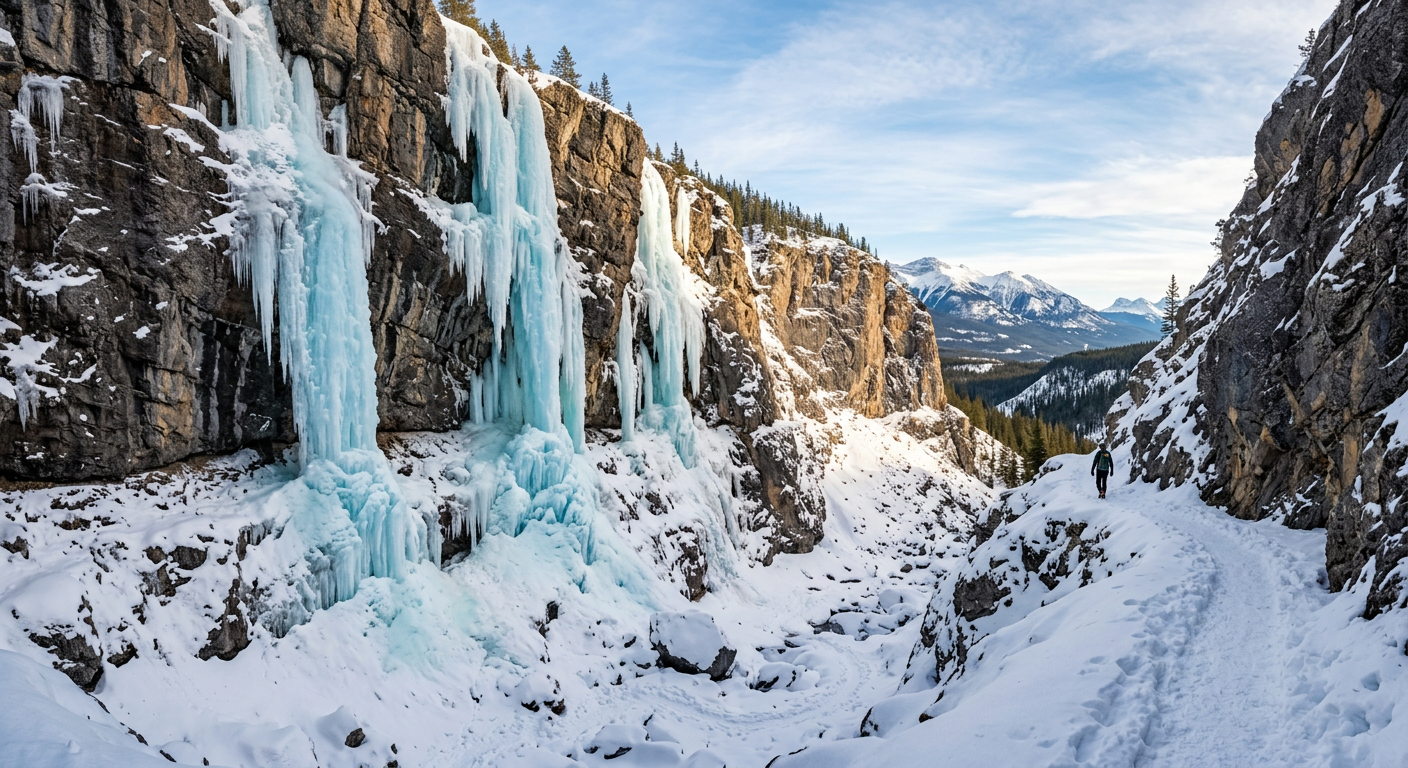 Thick columns of frozen water cascading down a steep granite canyon wall in winter