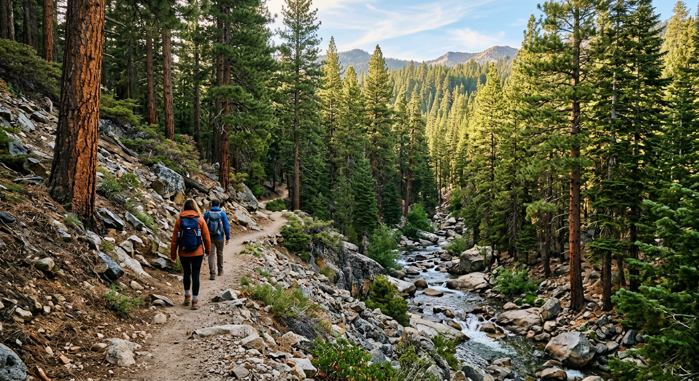 Hikers walking on a dirt path surrounded by tall green ponderosa pine trees above a rocky creek bed