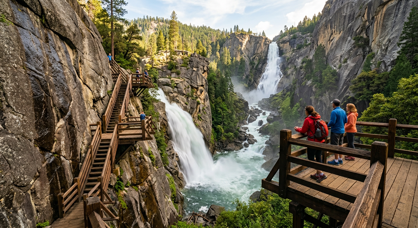 Tourists standing on wooden platforms built into the side of a steep granite canyon looking at a rushing waterfall