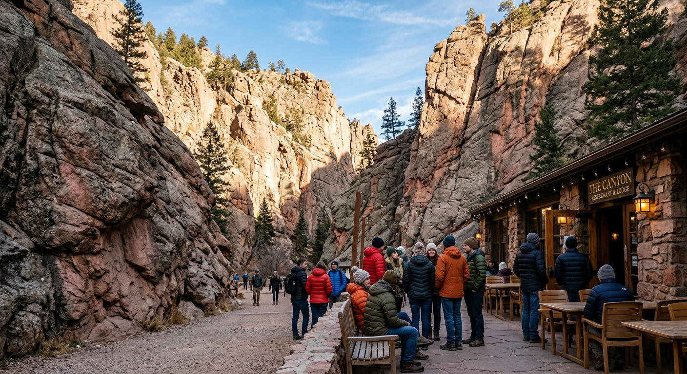 Shadows creeping up the pink granite walls of a narrow Colorado canyon while visitors in heavy jackets wait near a restaurant patio