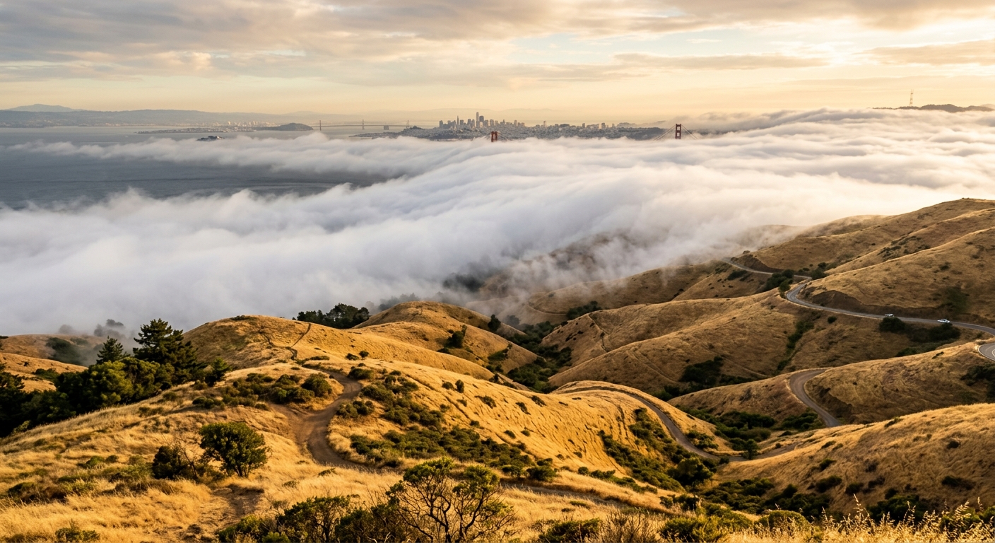 Thick white fog rolling heavily over the rugged coastline of the San Francisco Bay Area