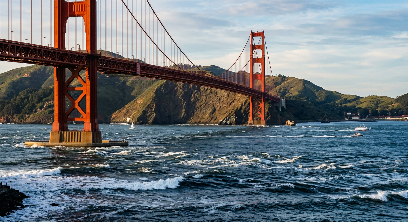 Turbulent blue water rushing under the Golden Gate Bridge with steep hills in the background
