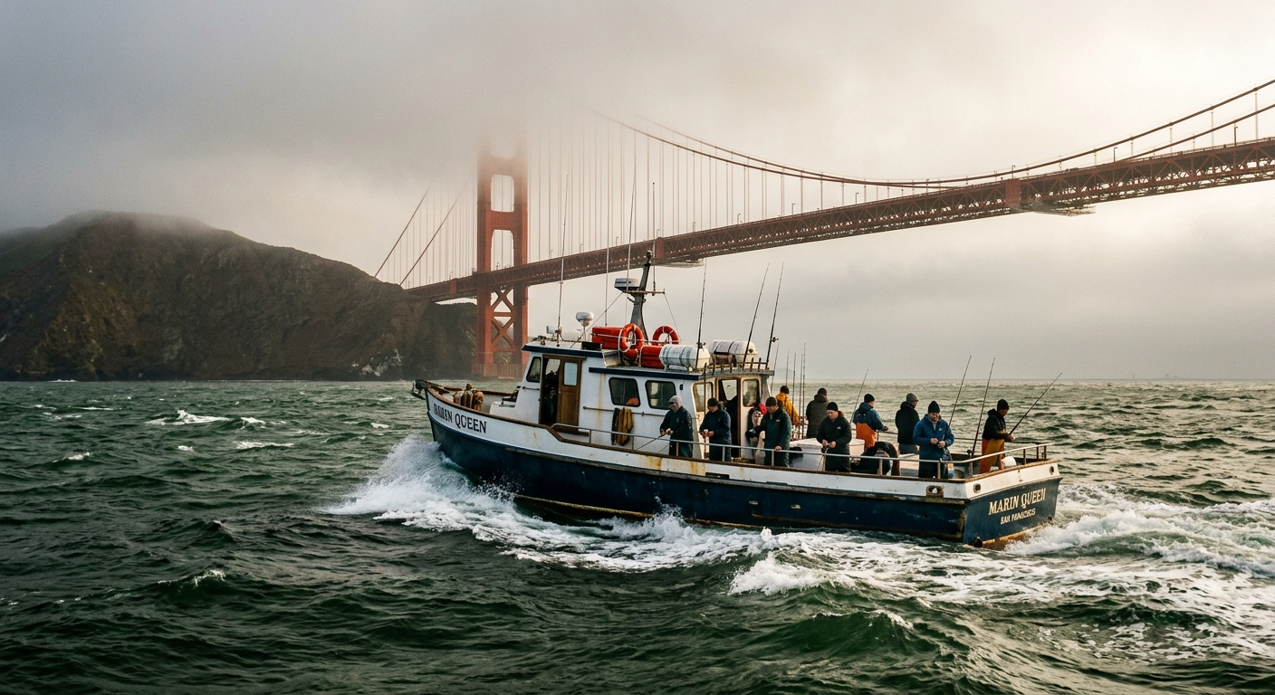 A sturdy charter boat cutting through choppy dark water near the Golden Gate Bridge