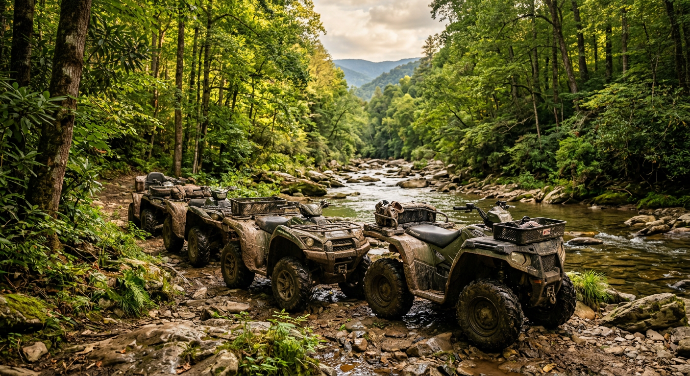 A line of muddy ATVs parked by an Appalachian creek bed under the thick green canopy of the Smoky Mountains