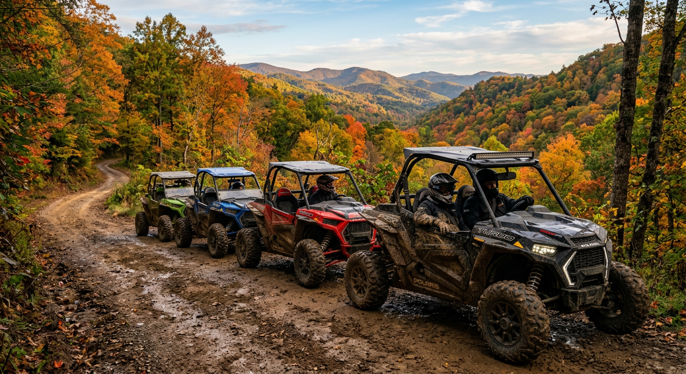 Mud-splattered side-by-side ATVs lined up on a rugged dirt trail in East Tennessee