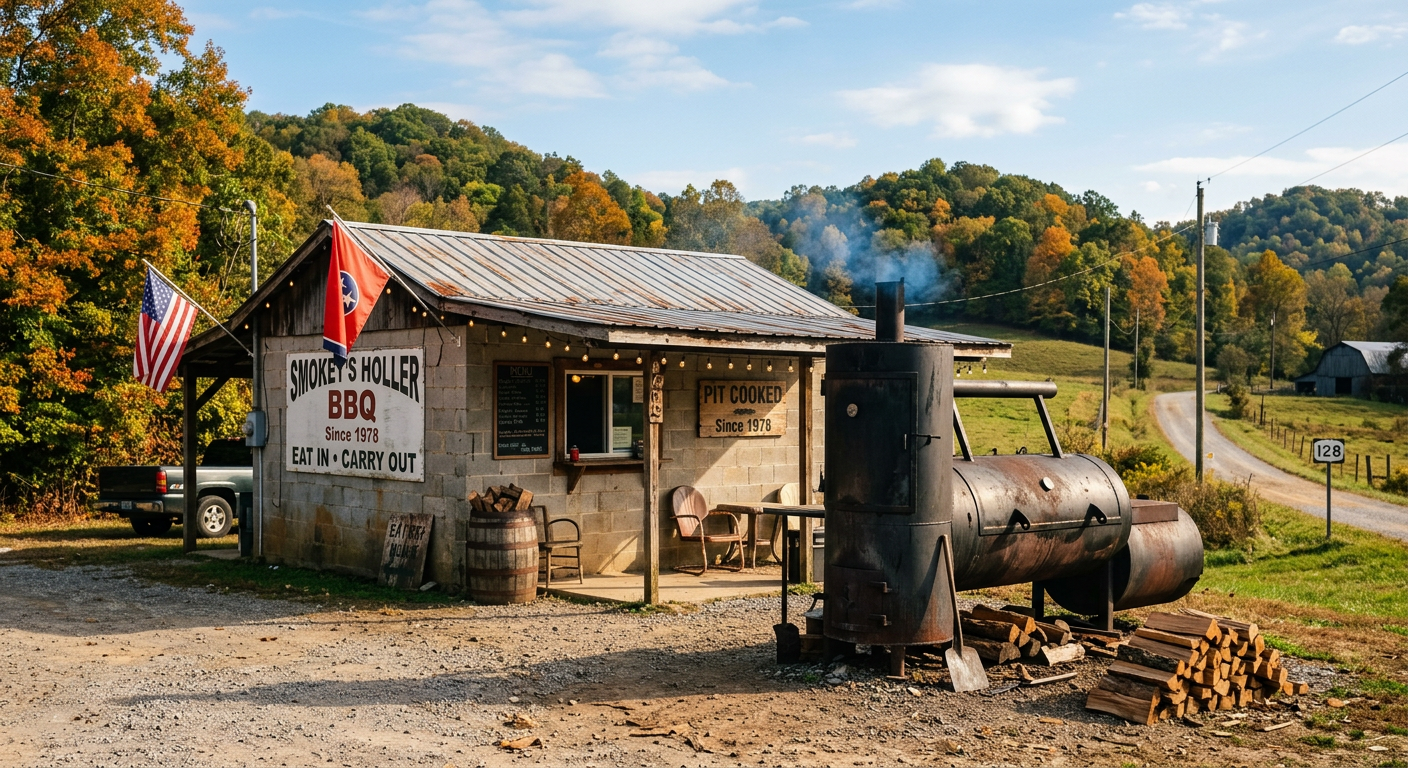 A weathered cinderblock barbecue shack with a large steel drum smoker out front in rural Tennessee