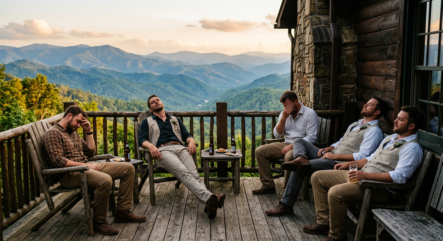 A group of groomsmen sitting on a cabin deck in the Smoky Mountains looking tired after a long day