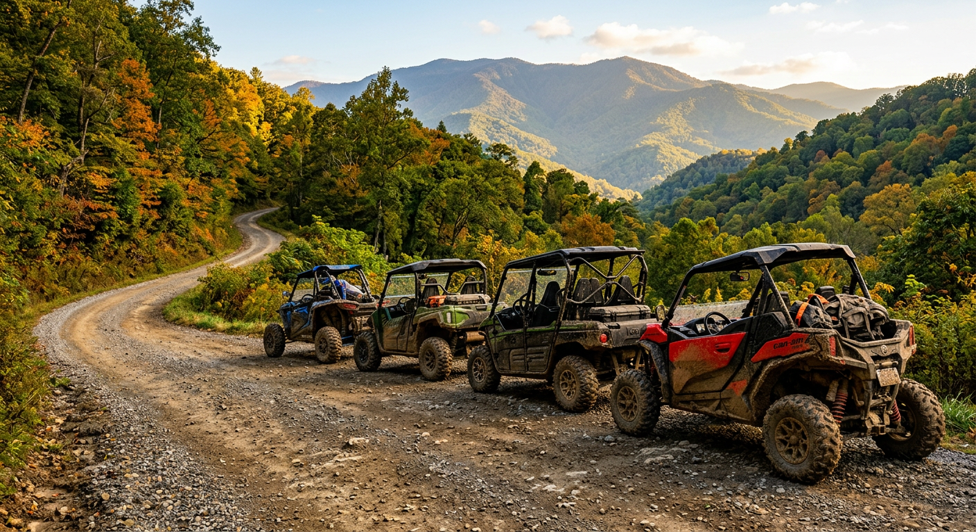 A row of mud-covered side-by-side ATVs parked on a winding gravel trail in the Smoky Mountains