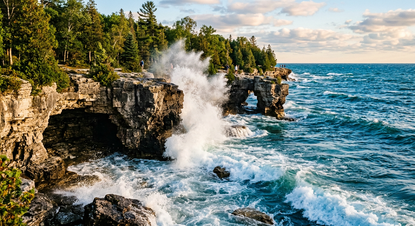 Whitecaps crashing against the jagged limestone cliffs and caves of Cave Point County