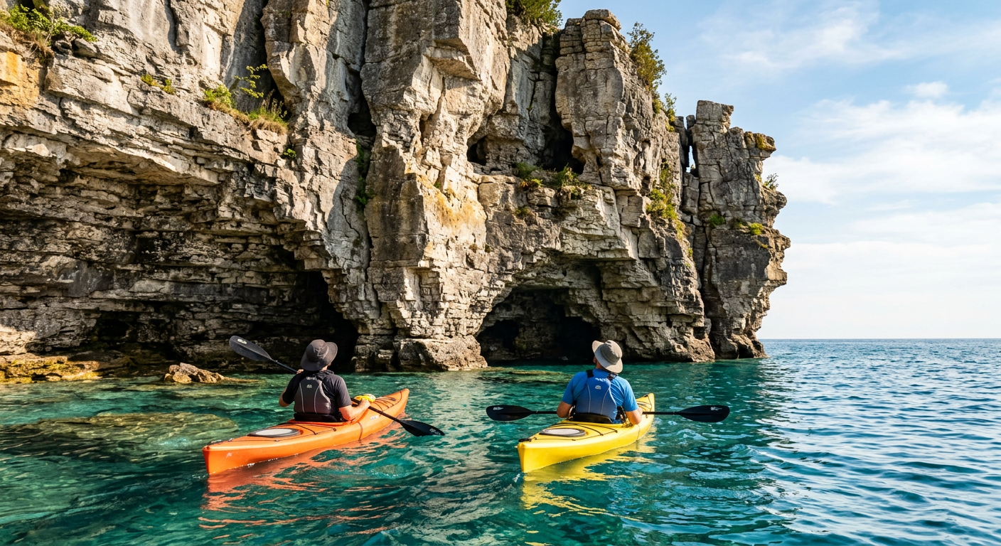 Kayakers looking up at the imposing limestone cliffs of the escarpment from the waterline