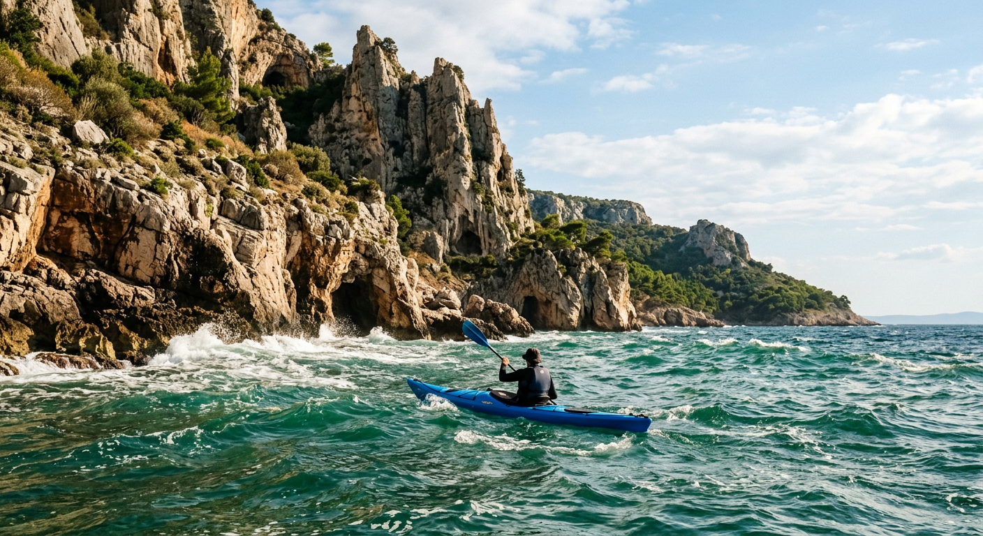 A blue kayak navigating the choppy green water near the jagged limestone cliffs of the escarpment
