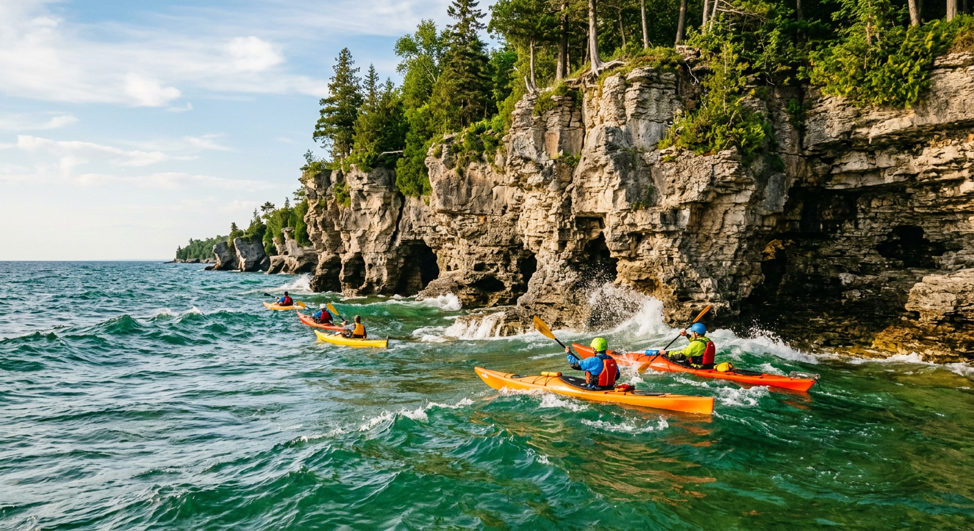 Kayakers navigating the choppy emerald surge outside the dolomite cliffs