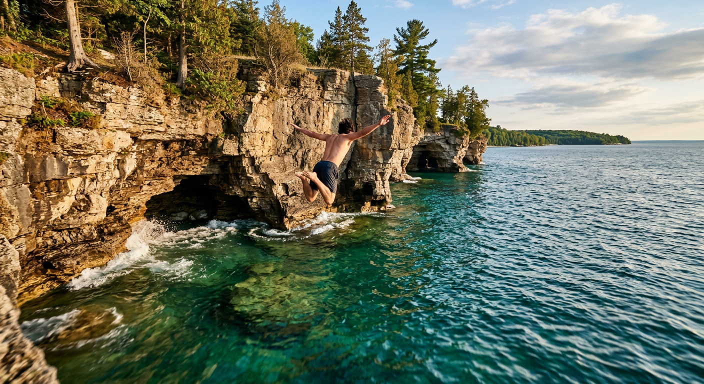 A cliff jumper suspended mid-air over the emerald waters of Lake Michigan