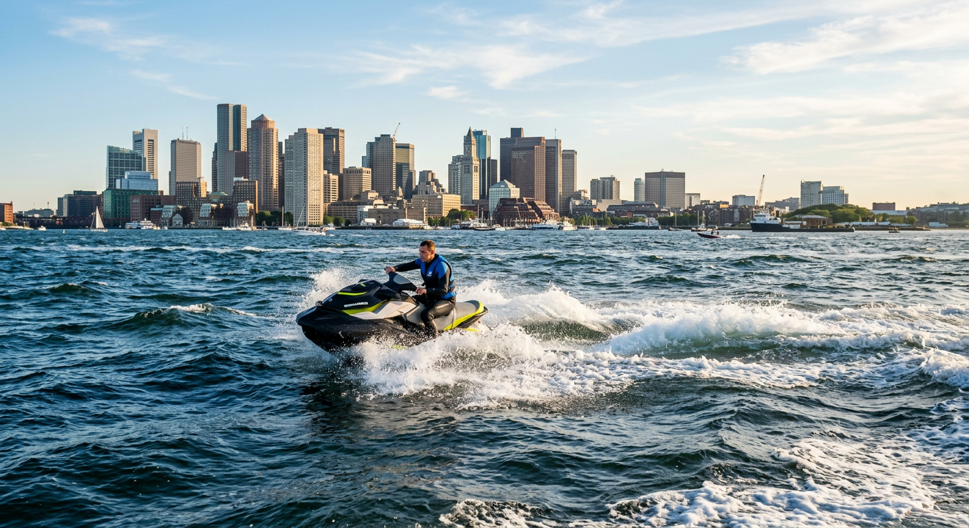 A rider navigating a jet ski through heavy, choppy blue water in Boston Harbor with the city skyline far in the background