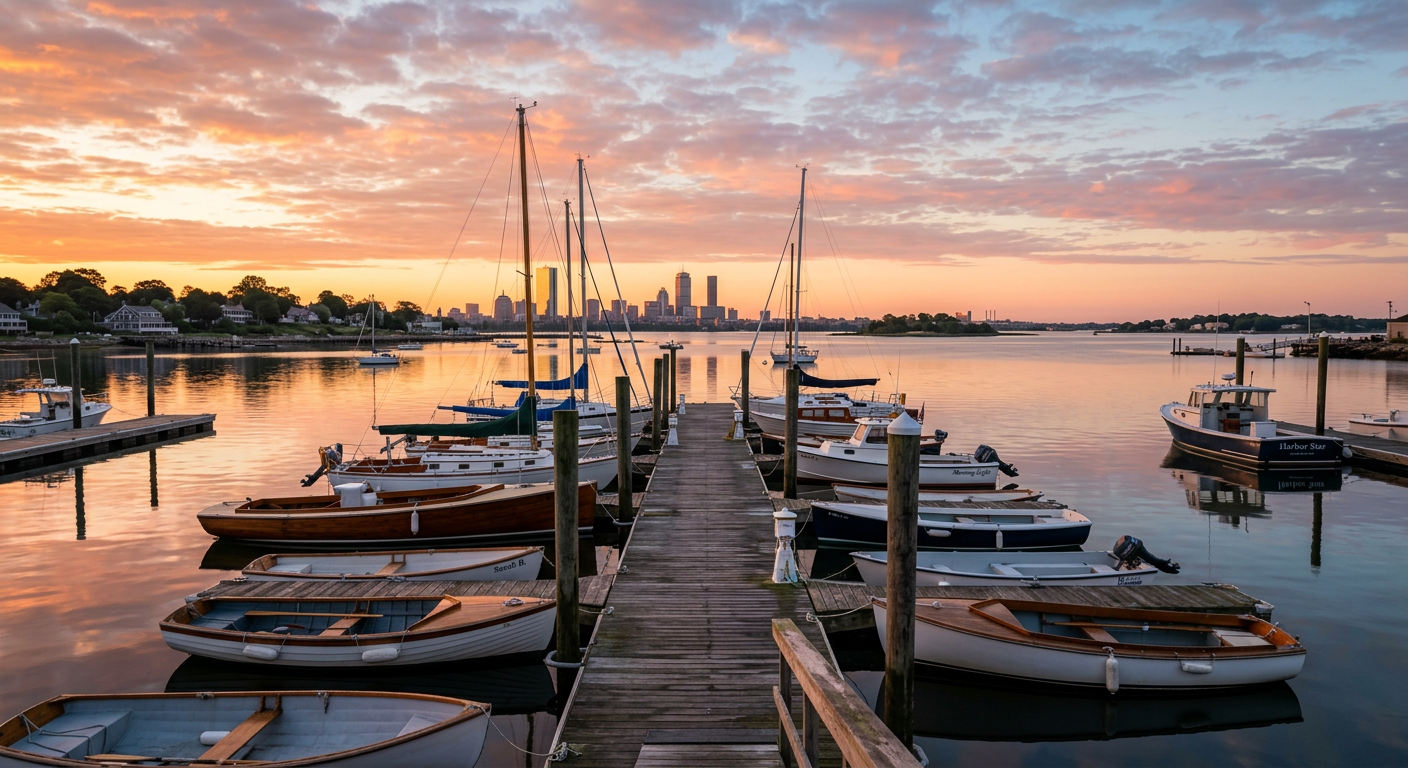 A quiet boat dock at dawn just south of Boston harbor