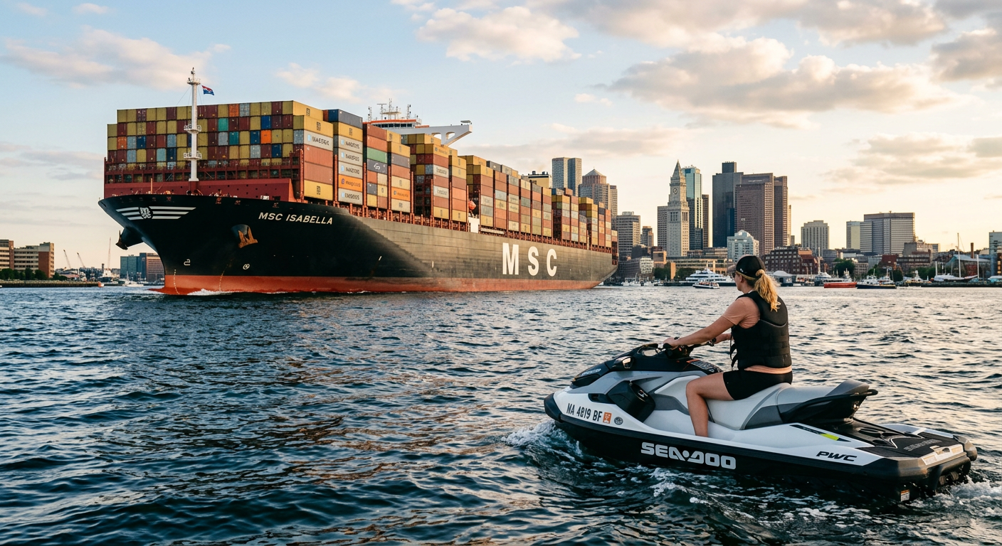 A rider pausing on a personal watercraft as a massive cargo ship passes by in the deep waters of Boston Harbor