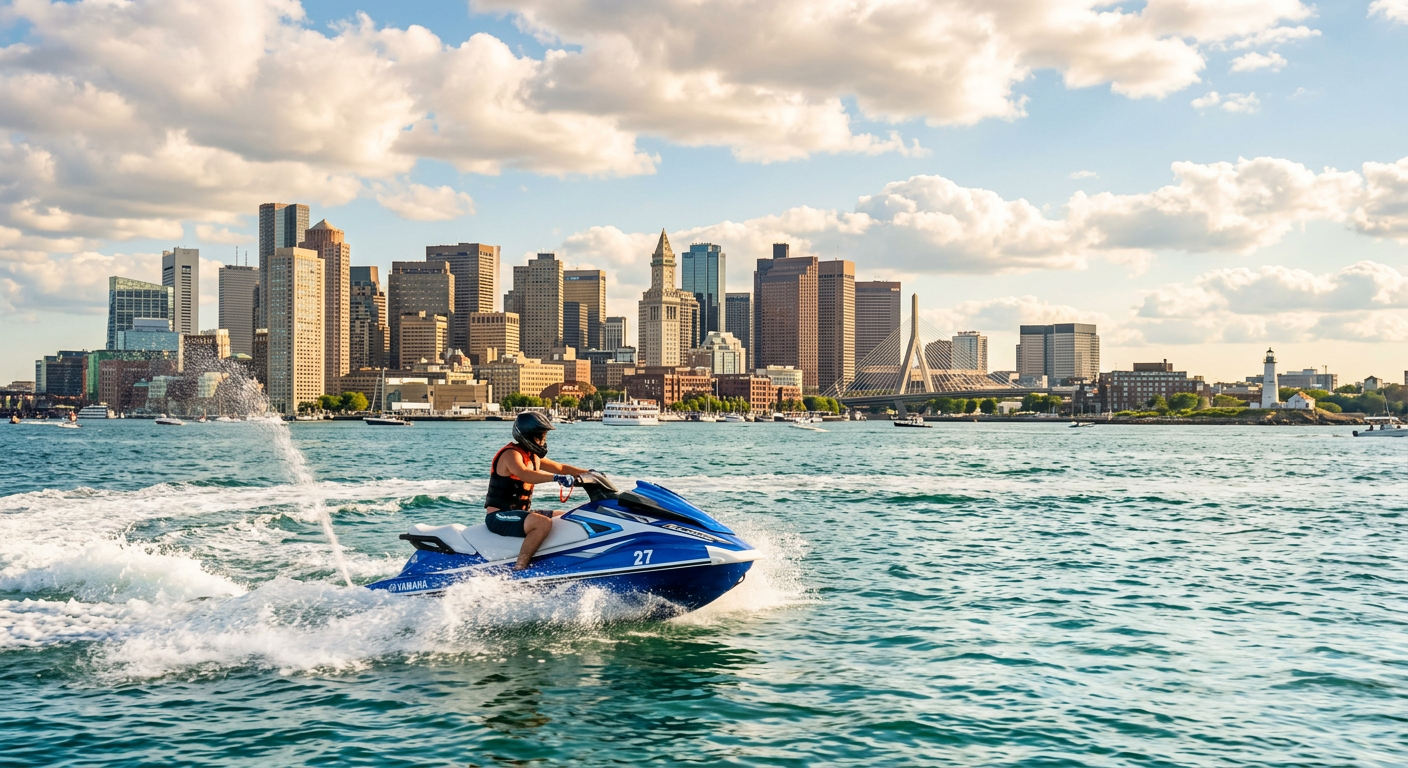A rider on a jet ski speeding towards the Boston skyline under partly cloudy skies