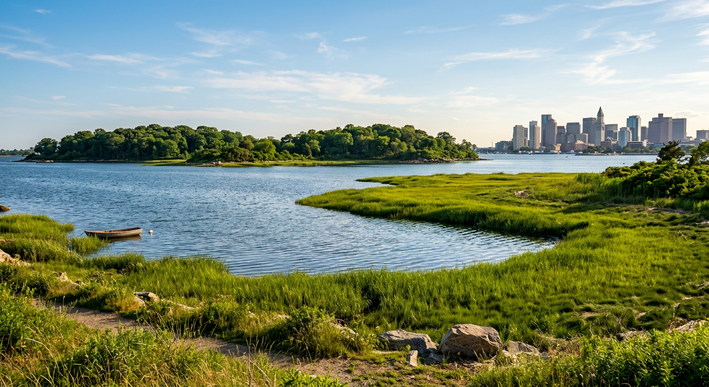 A quiet cove among the Boston Harbor Islands with thick green marsh grass overlooking the water