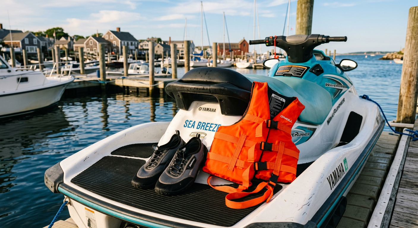 A pair of water shoes and a bright life vest resting on the fiberglass footwell of a personal watercraft docked in Massachusetts