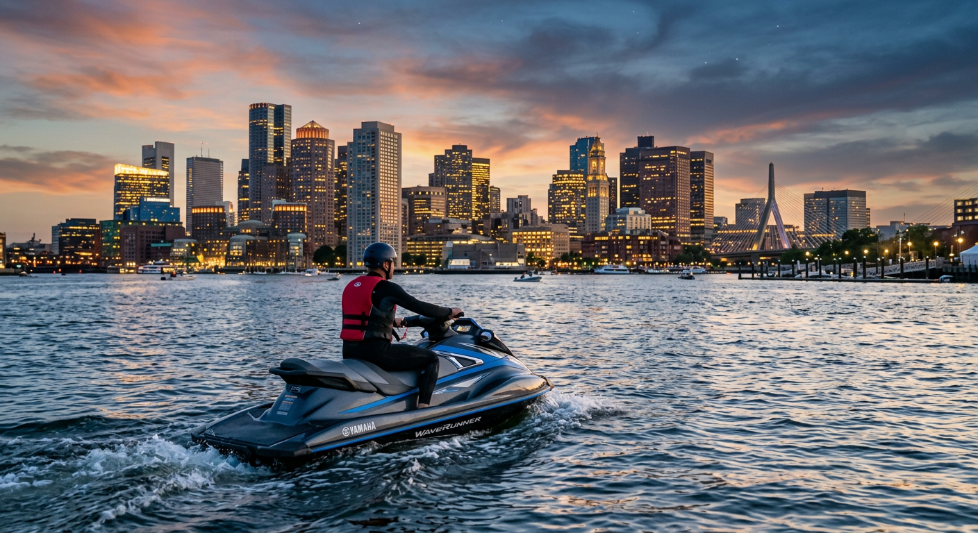 A rider on a jet ski looking toward the Boston skyline at dusk