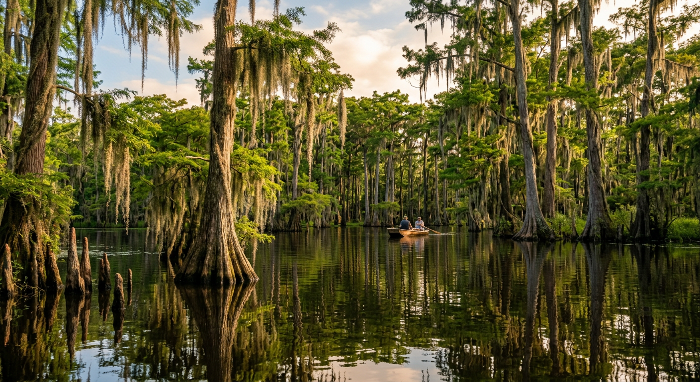 A dense Louisiana swamp with bald cypress trees draped in Spanish moss reflecting in still, dark water