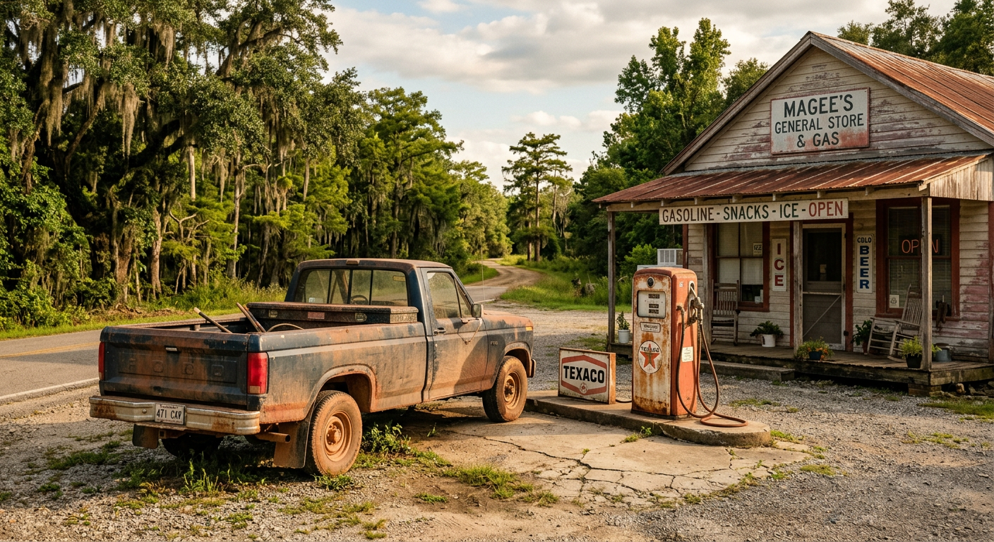 A dusty local pickup truck parked next to a weathered gas station in rural Louisiana