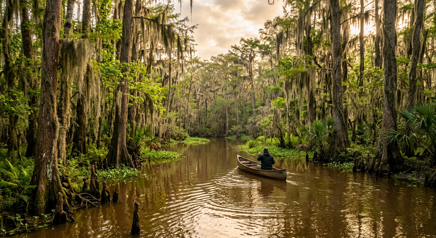 A murky brown bayou surrounded by dense green cypress trees and Spanish moss in Louisiana