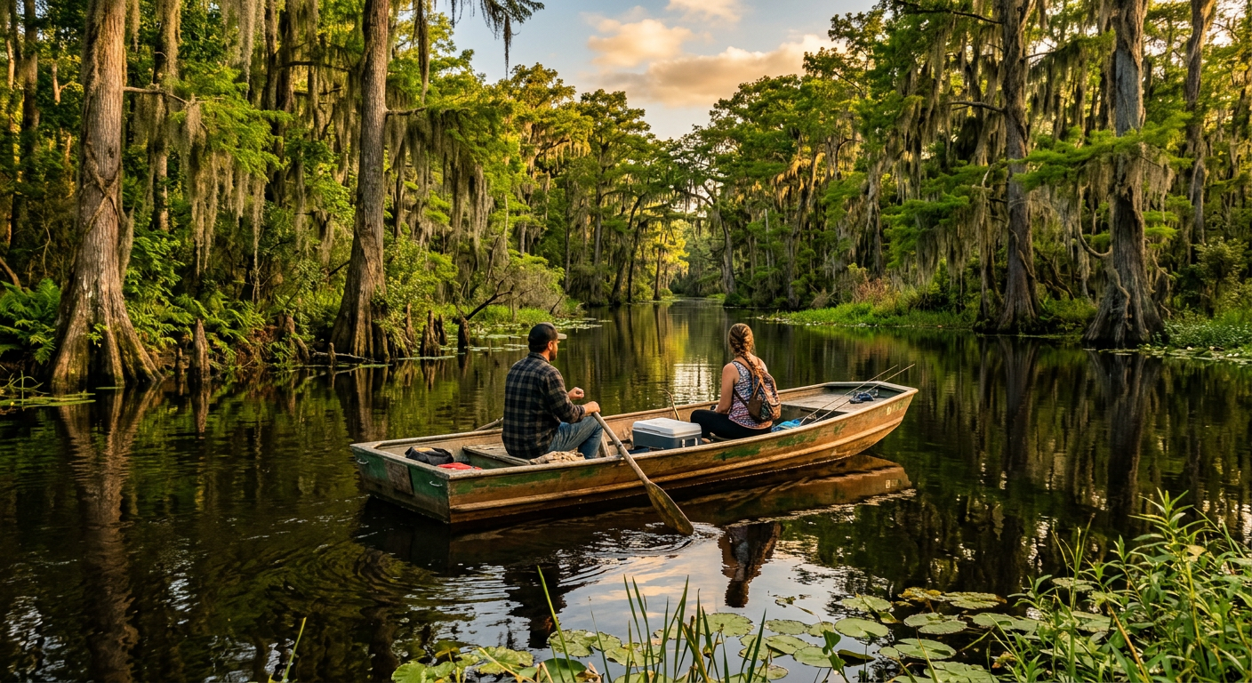 A flat-bottom skiff floating on dark bayou water near Cole Louisiana