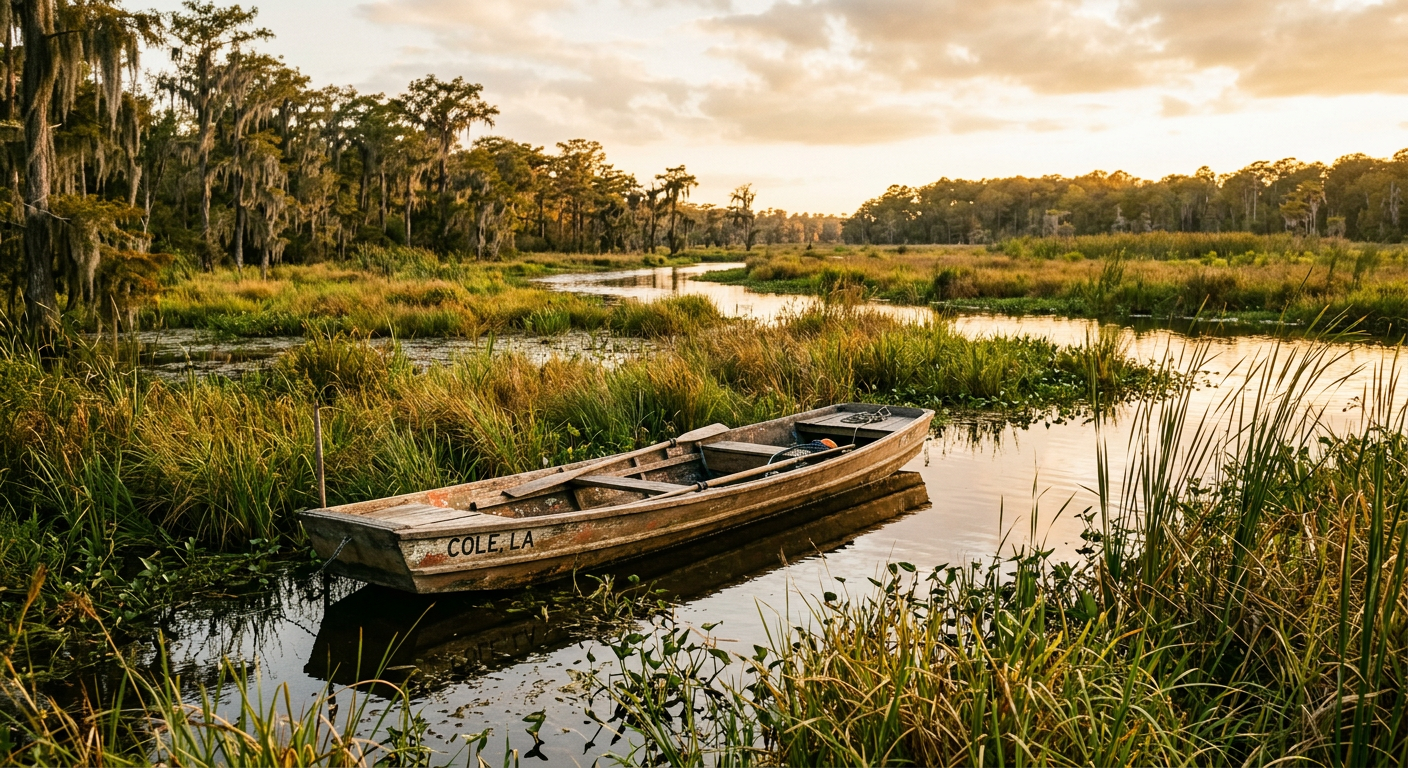 A solitary flat-bottomed boat sitting idle in the marshy waters of Cole Louisiana