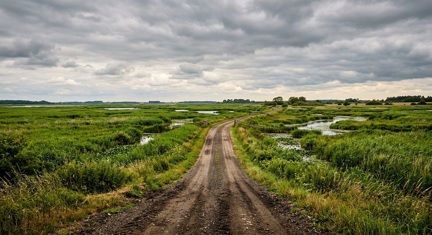 A flat dirt road disappearing into dense green marshland under a gray sky