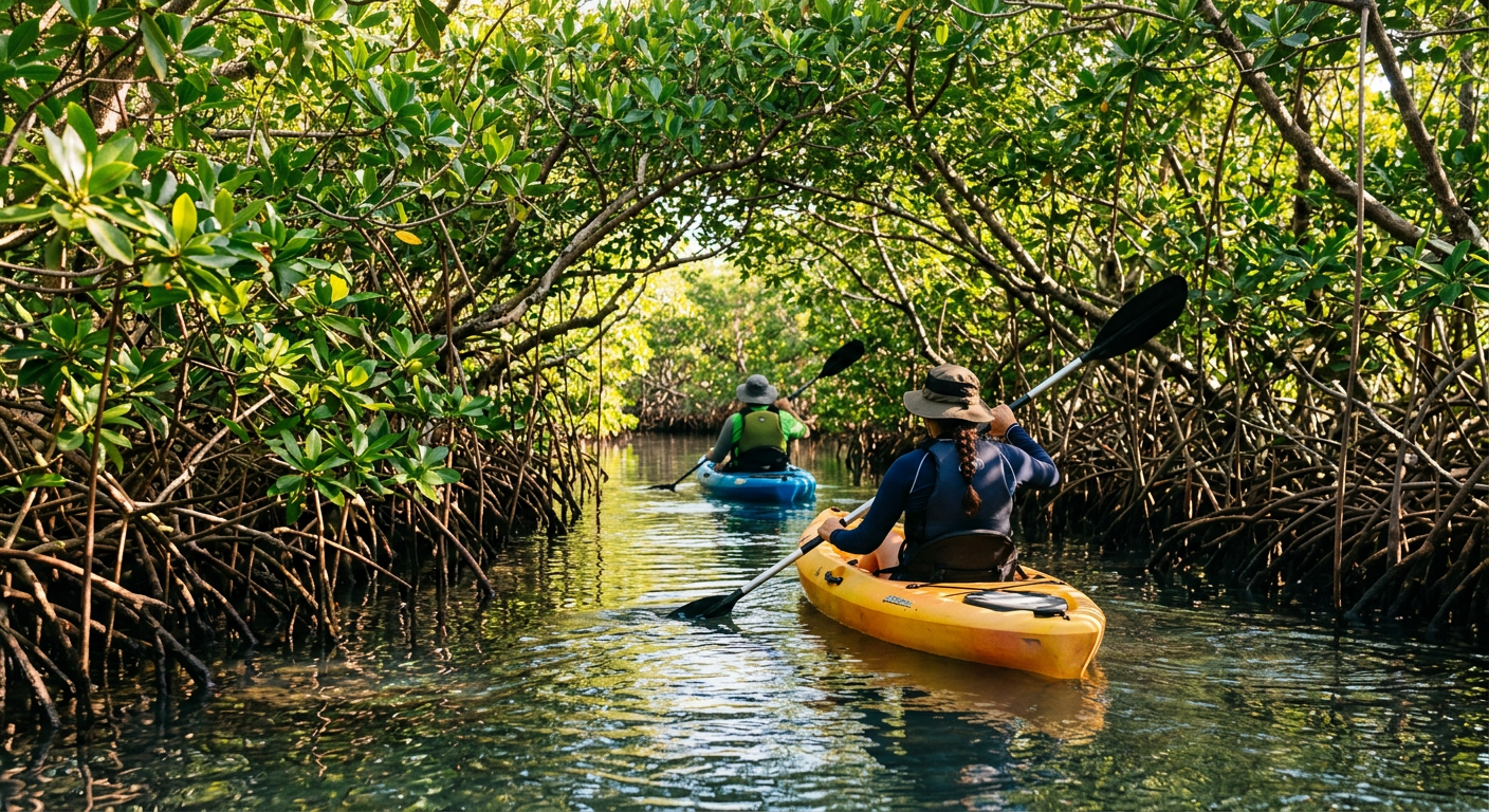 Kayakers navigating tight, sunlit mangrove tunnels on the Banana River