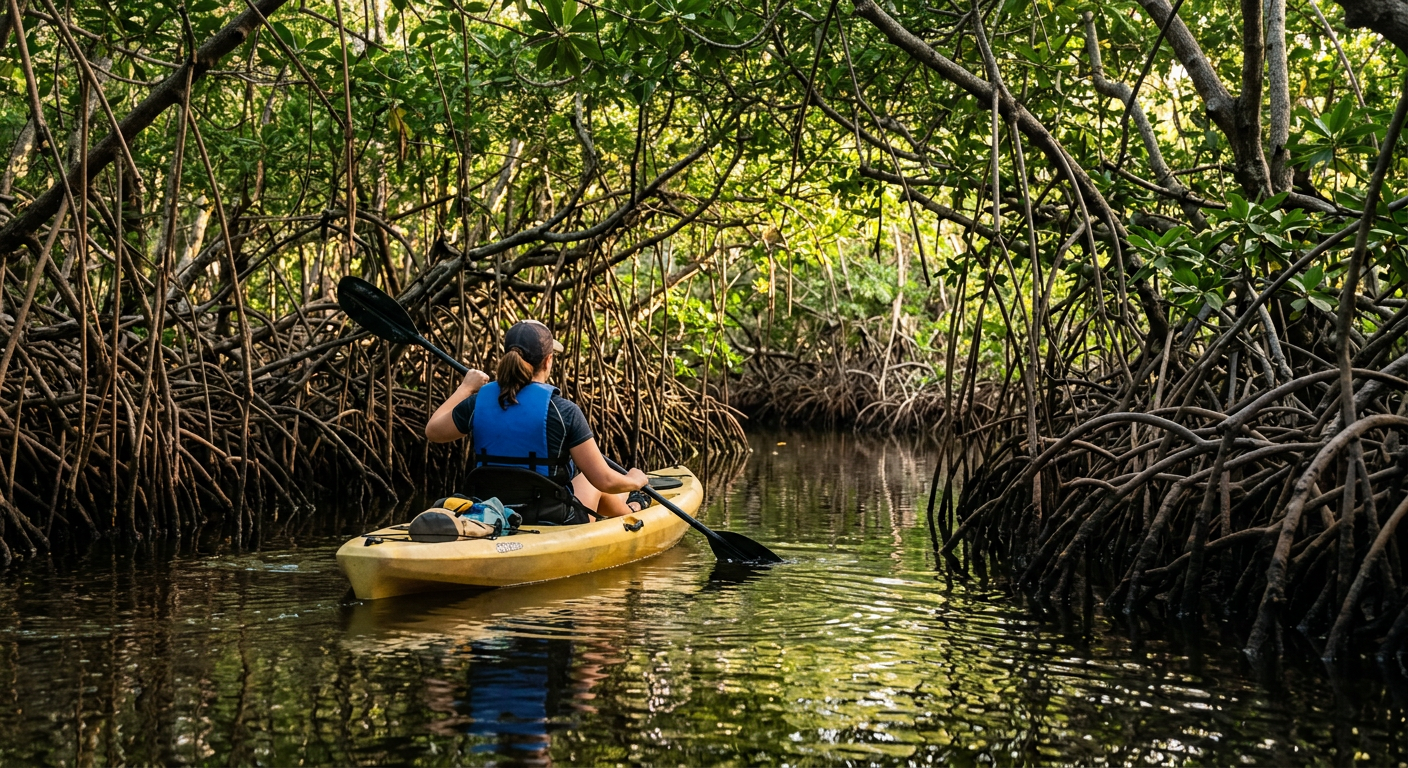 A small vessel gliding under a dense canopy of red mangrove roots in a shaded estuary