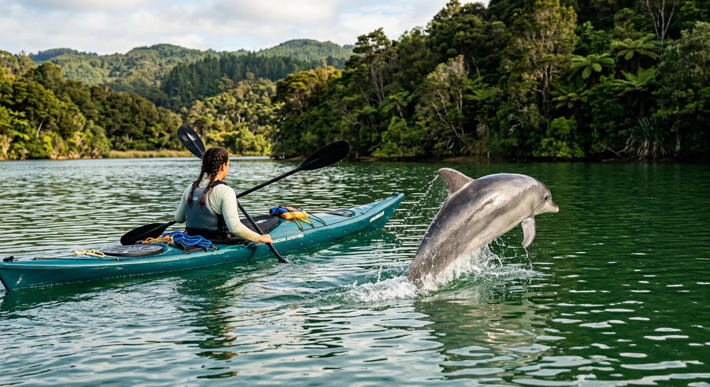 A bottlenose dolphin breaking the calm surface of a green waterway