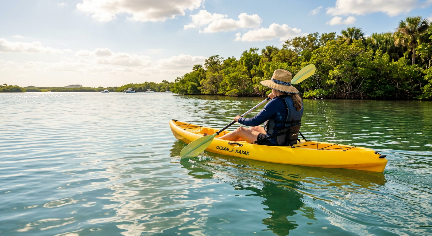 A paddler wearing a wide-brimmed hat navigating through the bright sunlit waters