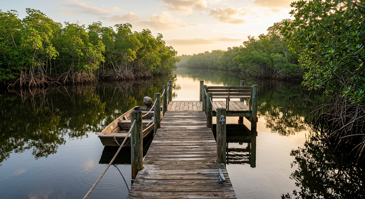 A weathered small wooden dock jutting into a calm river flanked by dense red mangroves