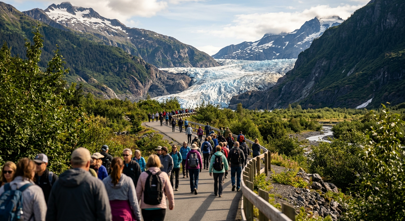Crowds of tourists walking on a paved trail viewing the distant edge of Exit Glacier in Seward, Alaska