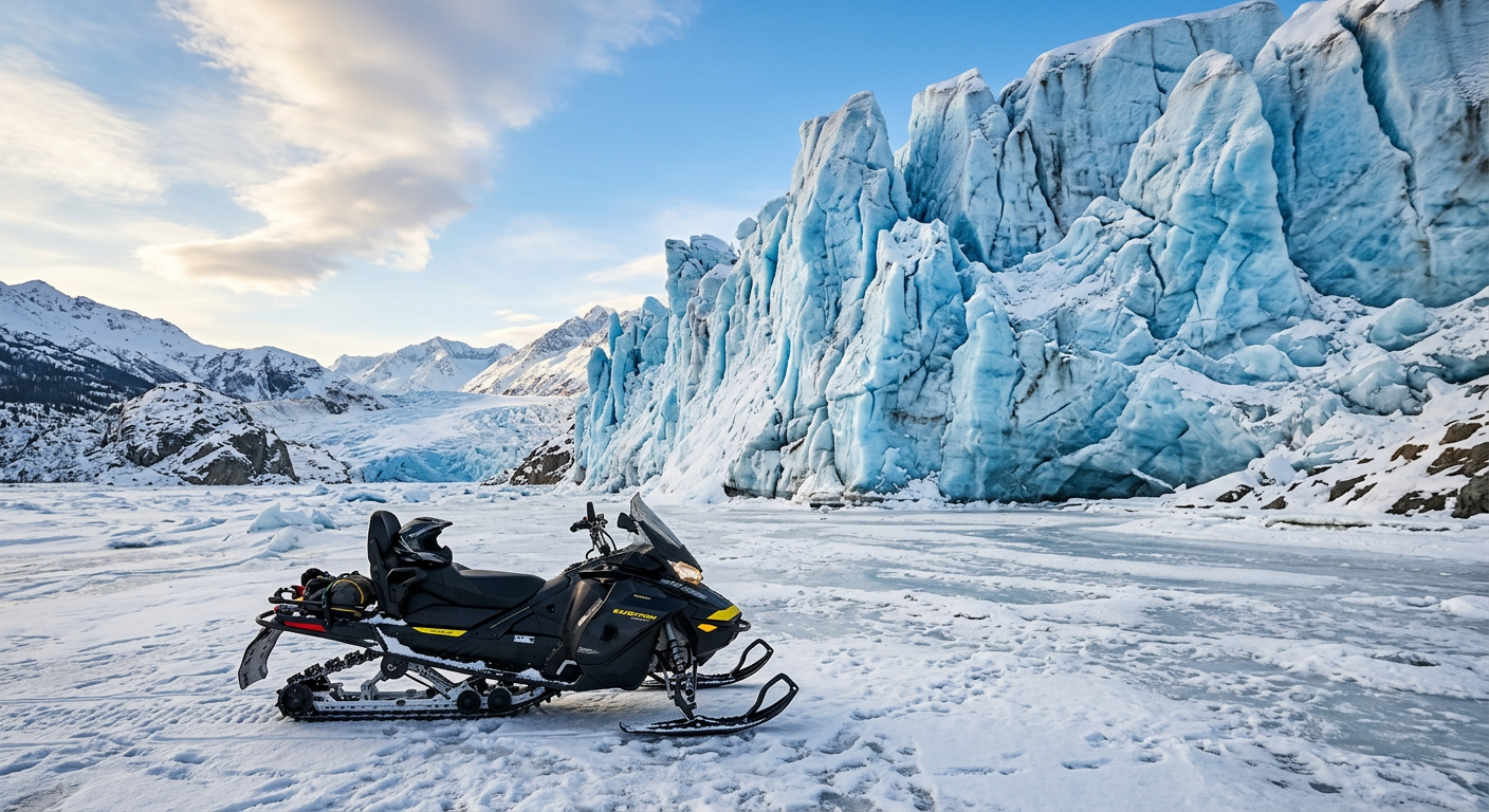 A snowmobile parked on a frozen riverbed beneath a massive blue glacier face