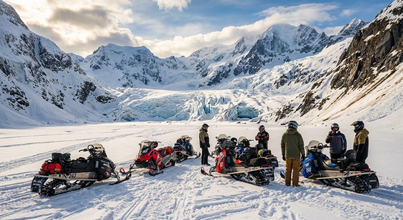 Snowmobiles parked in a vast, snow-covered glacial valley in Seward, leaving riders surrounded by towering ice walls and silent mountains