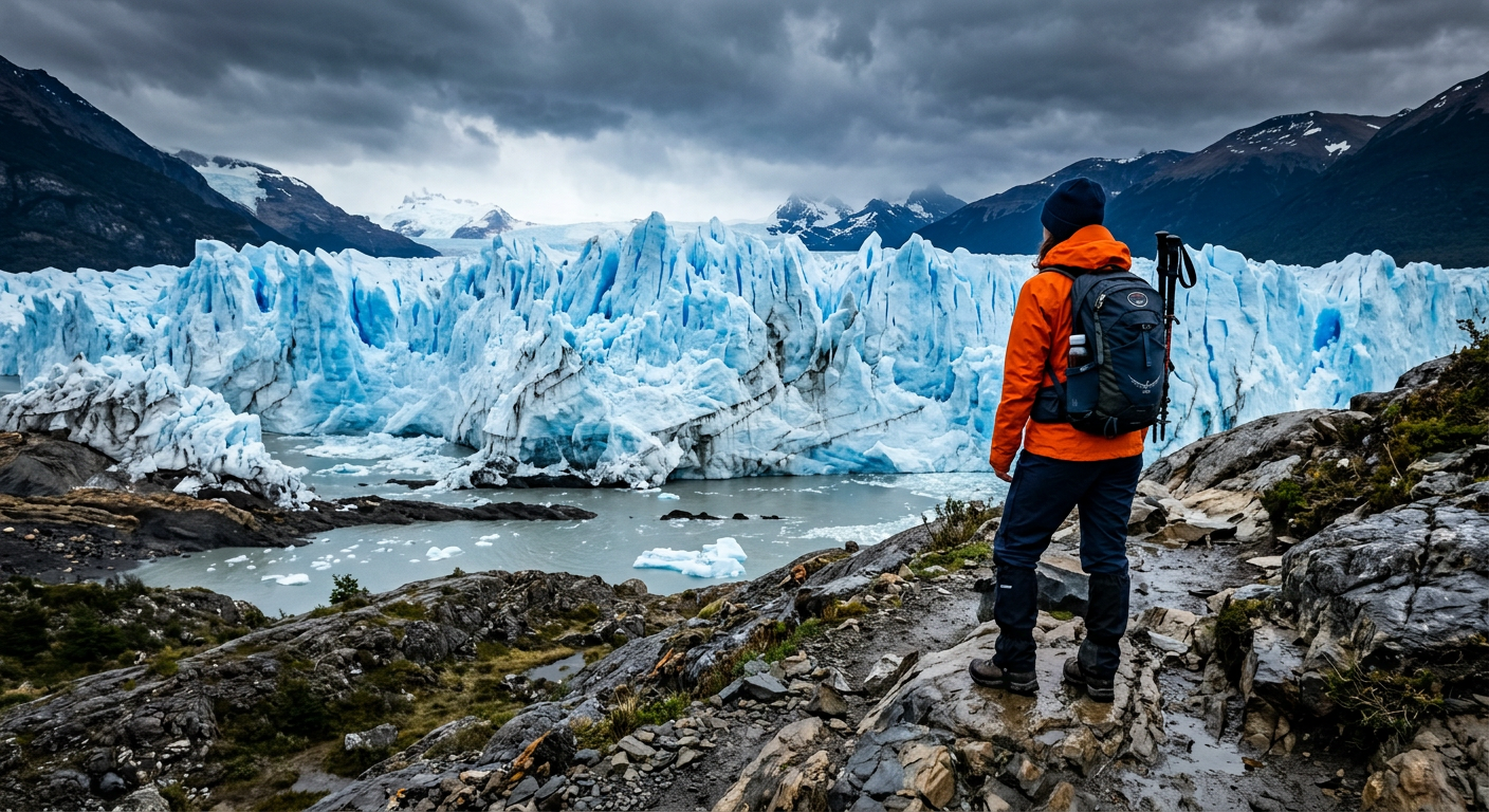 A hiker wearing full waterproof gear looking out at a towering wall of bright blue glacier ice under dark overcast skies