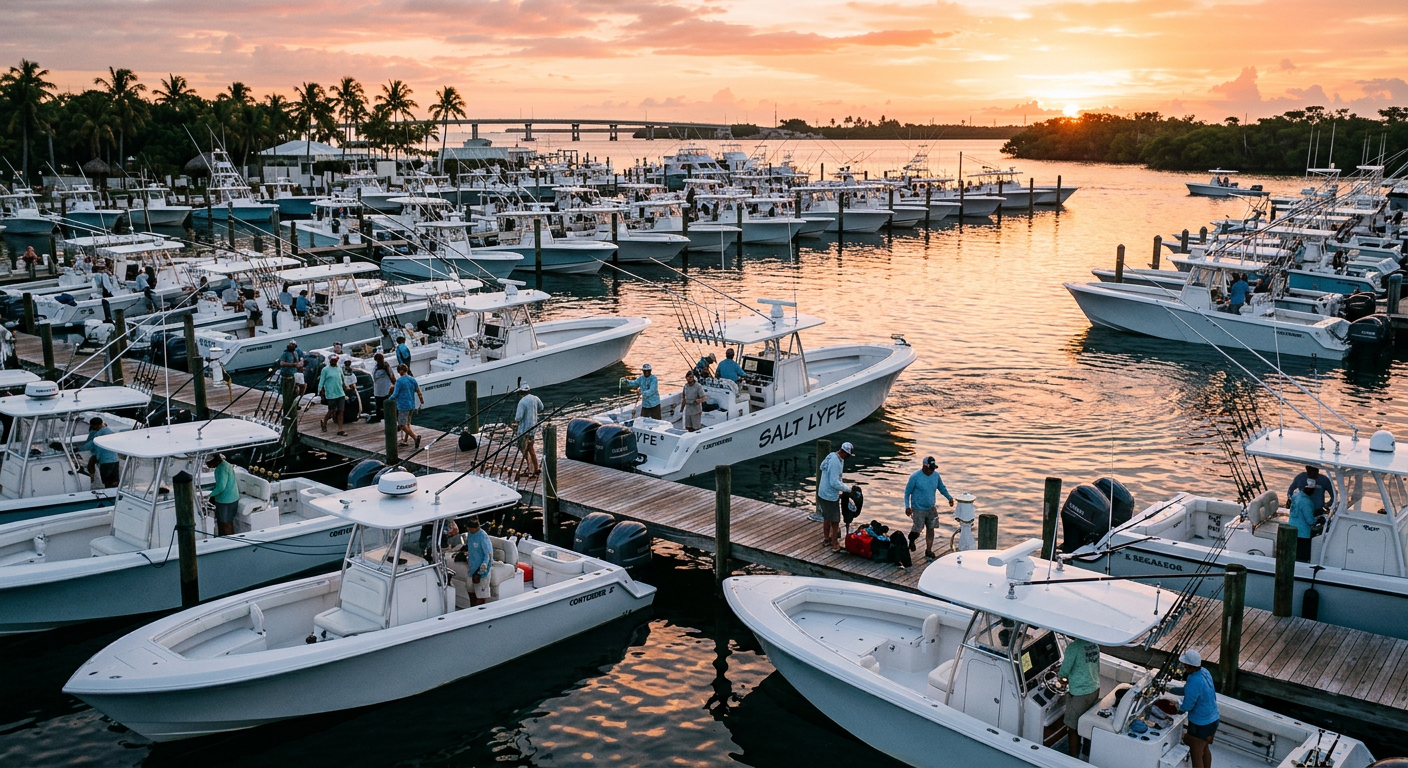 A crowded Florida marina at dawn with multiple white center-console boats preparing to depart
