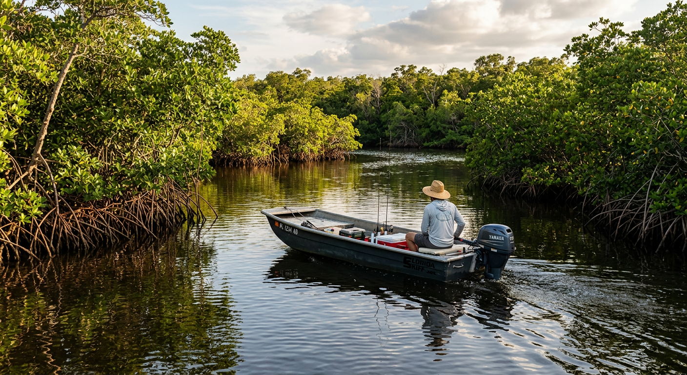A single outboard skiff navigating through dense, quiet mangrove islands in Southwest Florida