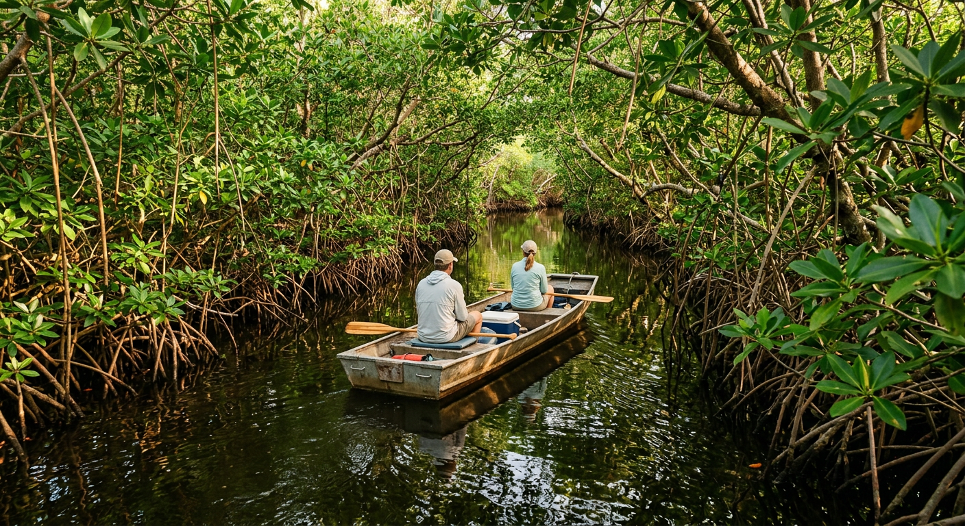 A flat-bottom skiff drifting silently through the dense green mangrove tunnels of Goodland, Florida