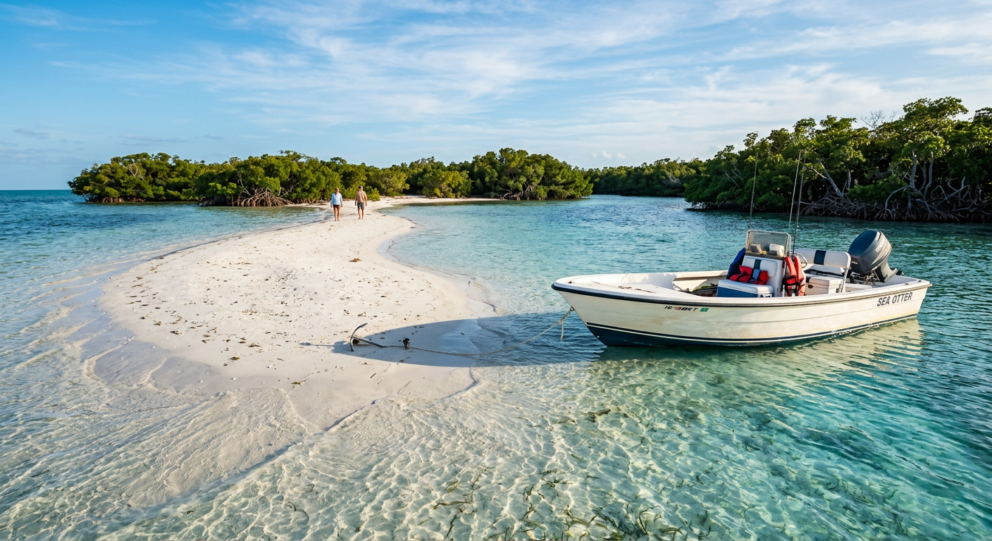 A small private skiff anchored on a pristine white sandbar surrounded by mangrove islands in Goodland, Florida