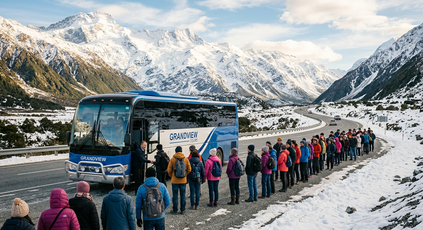 A long line of tourists waiting outside a large commercial bus near a snow-covered mountain highway