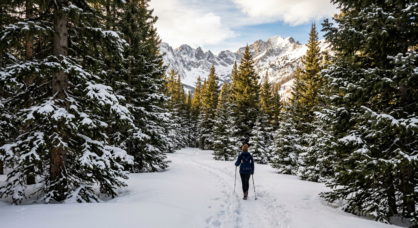 Snow clinging to dark green spruce branches along a quiet trail in the Gore Range