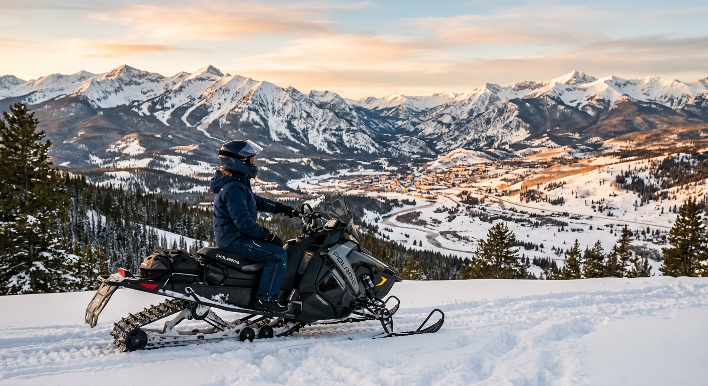 A rider pausing on a snowmobile overlooking a snow-covered mountain valley in Silverthorne