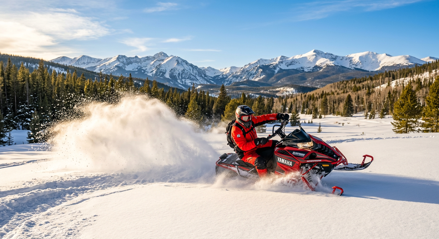 A rider leaning into a curve on a snowmobile, kicking up fresh powder in a sunny Silverthorne meadow