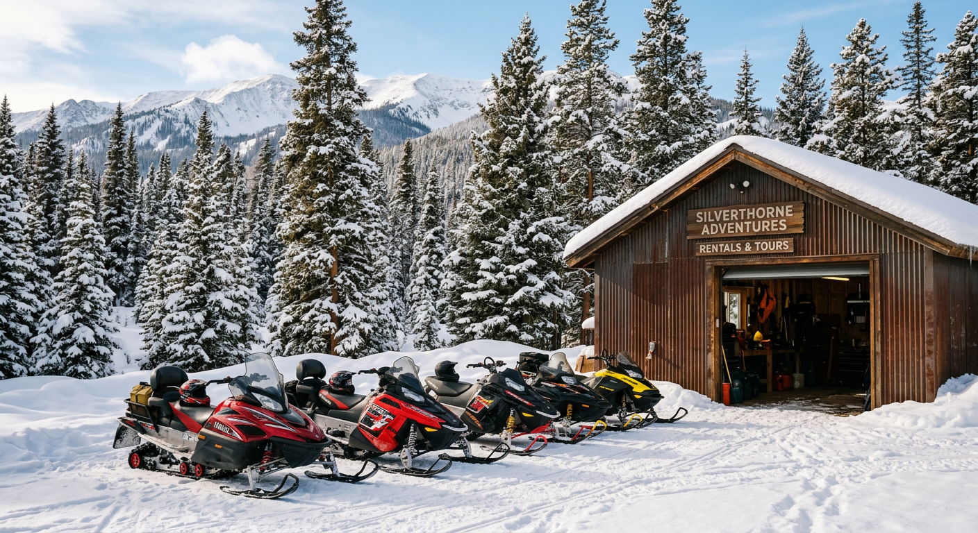 A row of snowmobiles parked outside a rustic metal garage in Silverthorne, surrounded by tall pine trees