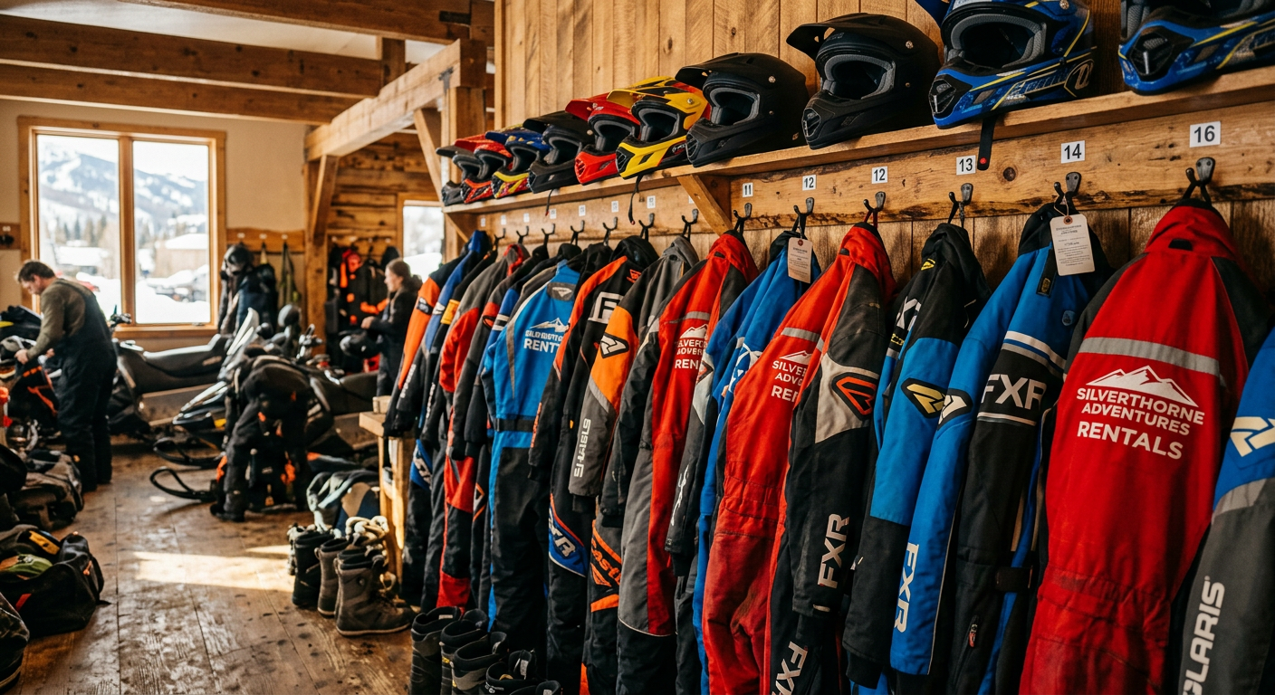 A row of thick snowmobile rental suits and helmets hanging in a warm gear room in Silverthorne