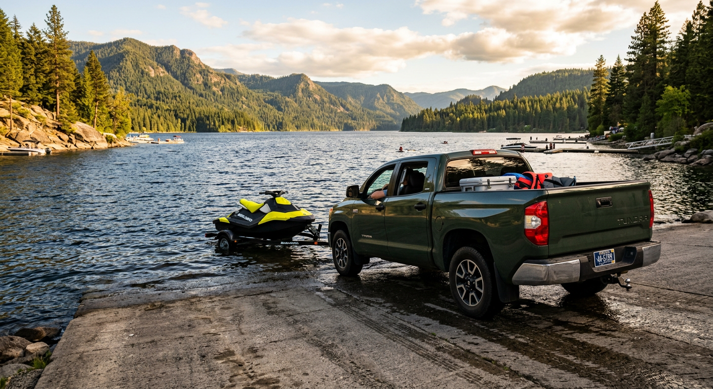 A pickup truck backing a personal watercraft trailer down a concrete boat ramp into dark blue water
